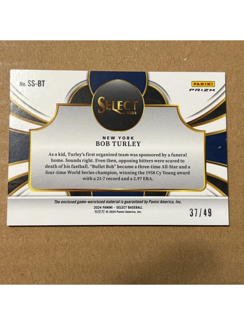 2024 Panini Select - Bob Turley #SS-BT - Selective Swatches Relic Blue #/49